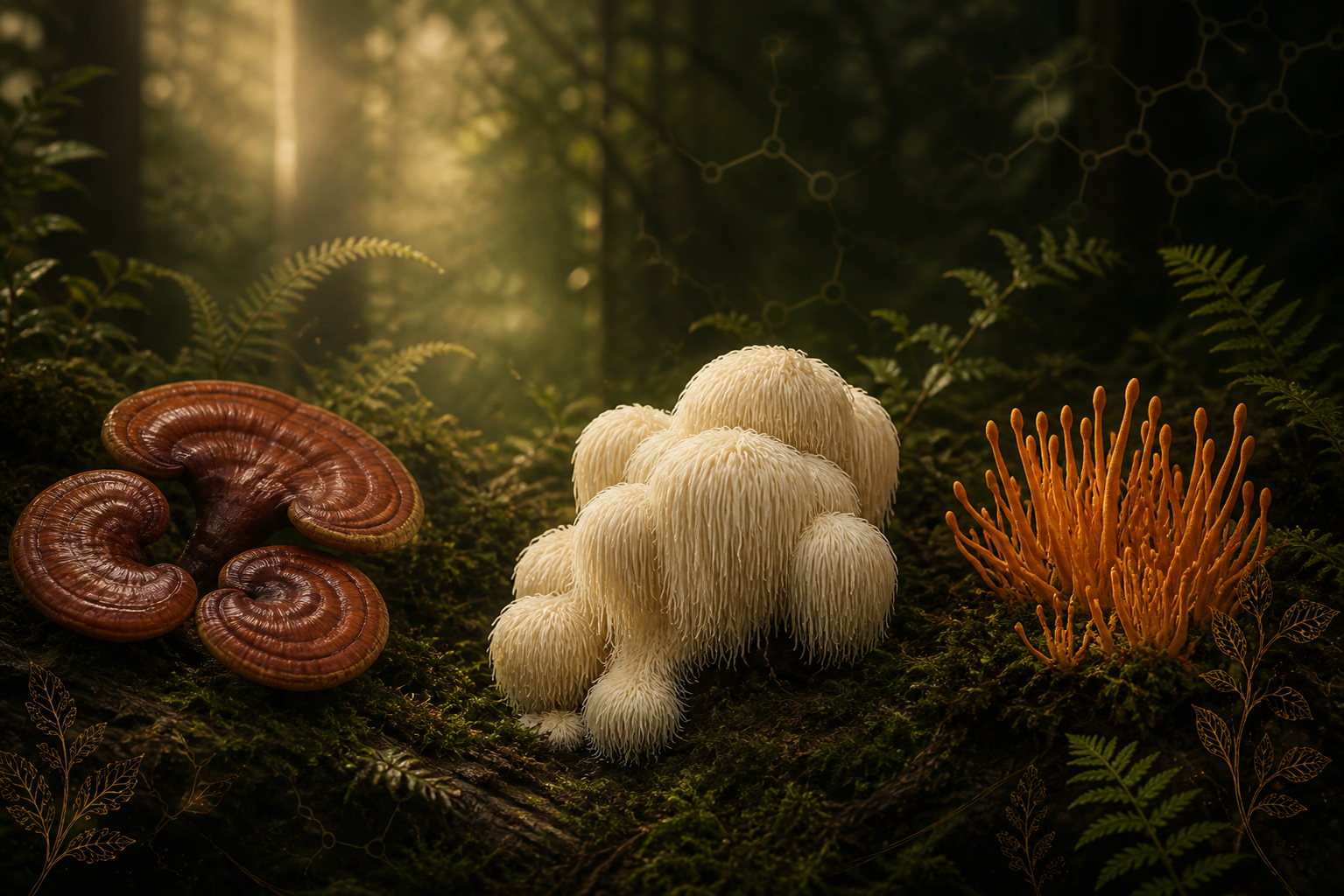 Reishi, Melena de León y Cordyceps en un bosque