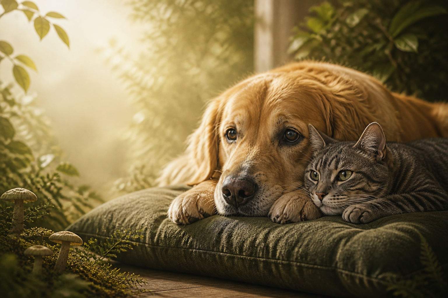 Perro y gato descansando juntos en un entorno natural